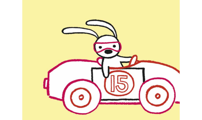 Disegno di un coniglio che guida una macchinina