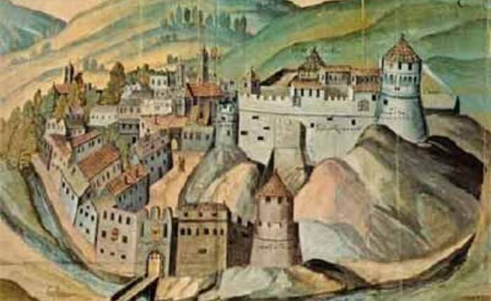 Rovereto in un acquerello di Matthias Burglechner (Innsbruck, Tiroler Landesmuseum, Ferdinandeum, Bibliothek, F.B. 6201, c. 17r, mm 444x680)