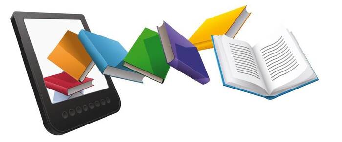 illustrazione con libri che "escono" da dispositivo E-reader