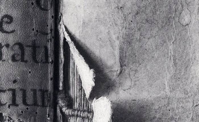 Dorso di libro antico strappato dove si intravedono i fascicoli e i nervi scoperti. Foto in bianco e nero di Pino Musi (BCR)