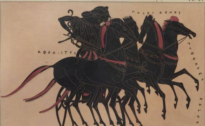 Afrodite guida Poseidone su un carro. Particolare da anfora greca decorata