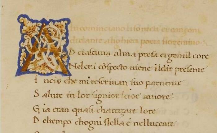 Incipit del codice pergamenaceo n. 3 della Biblioteca, con la "Vita nova" di Dante