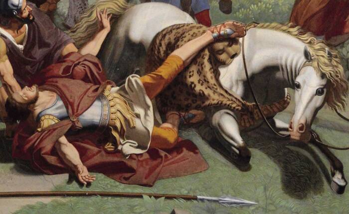 Dettaglio della copertina. Lancere a terra vicino ad un cavallo accasciato