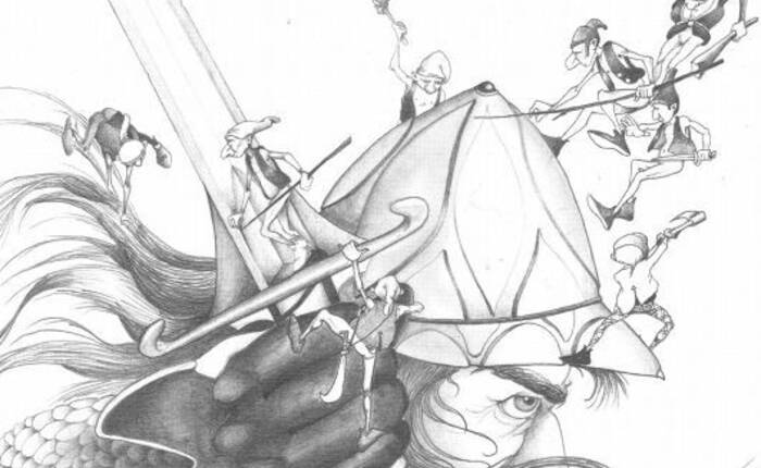 Disegno di guerriero che combatte con folletti