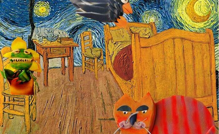Rirpoduzione del quadro di Van Gogh "La camera di Vincent ad Arles" modificato con pupazzetti 