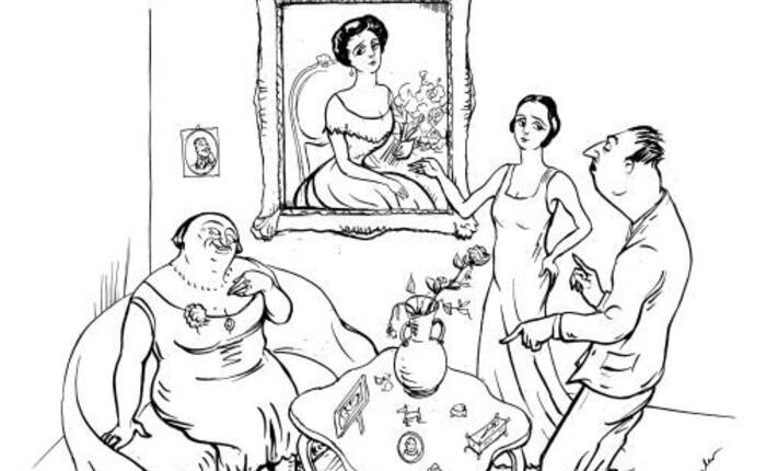 Illustrazione di Giuseppe Novello "Stazione d'arrivo. La fidanzata mostra al fidanzato il ritrattto della madre giovinetta"
