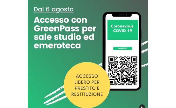 Logo GreenPass con indicazioni sull'uso degli spazi in biblioteca