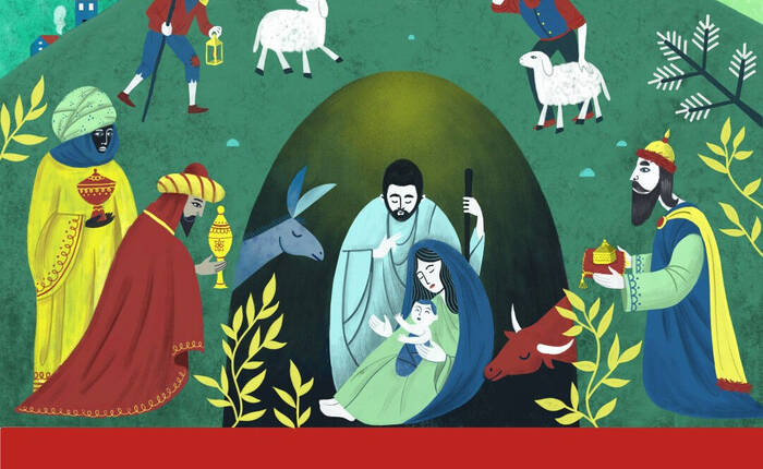 particolare della copertina del depliant "Natale dei popli" 2017 con presepe disegnato