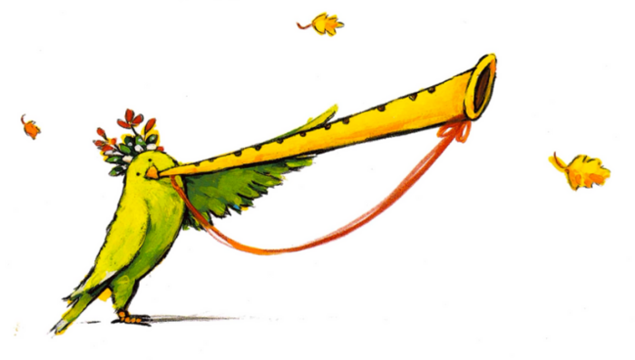 Uccellino che suona un flauto. Disegno