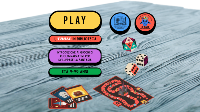 locandina con dadi e giochi di ruolo stilizzati su un tavolo