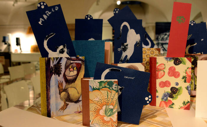 Alcuni libri realizzati durante il precedente corso di legatoria (Foto Florio Badocchi 2015)