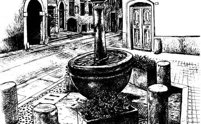 particolare di un disegno di Cesarini della fontana delle due spine