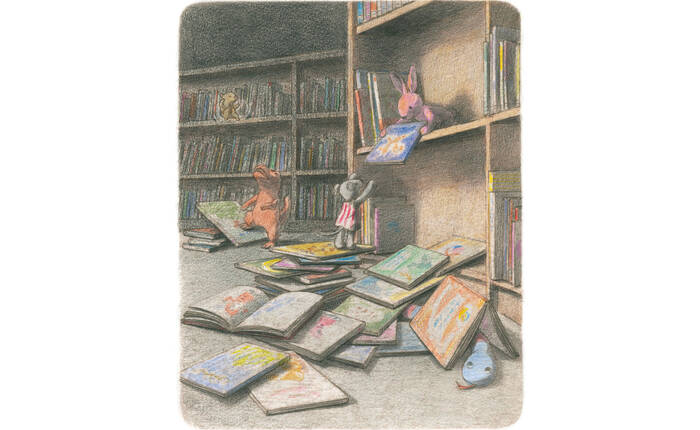 Immagine tratta dall'albo illustrato Una notte in biblioteca di Kazuhito Kazeki e Chiaki Okada, pubblicato nel 2022 da Kira Kira edizioni.