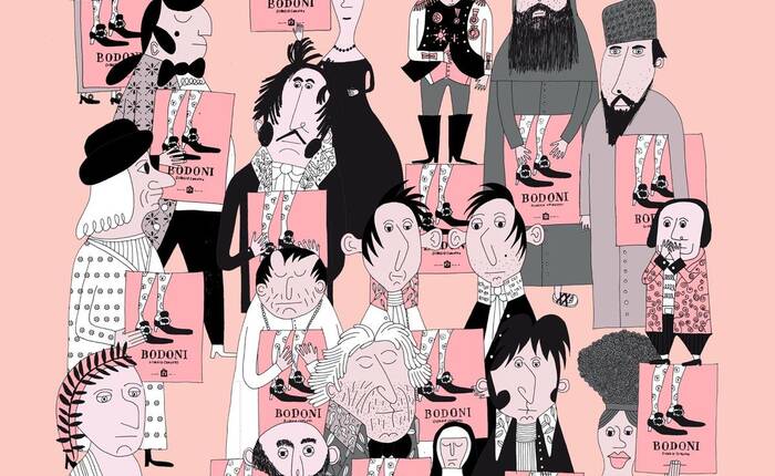 disegno di Camuffo con personaggi che tengono in mano il libro "Bodoni"