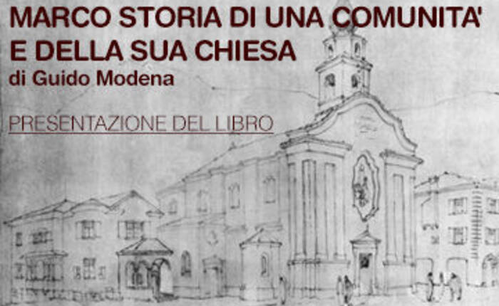 Manifesto dell'iniziativa con disegno che ritrae la chiesa di Marco