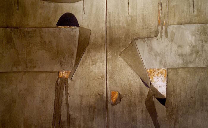 Senza Titolo, 2017, tecnica mista su tela (resina, terre, polvere di marmo e foglia argento vero ossidato) 106x98