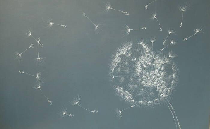 opera realizzata per la mostra e utilizzata per il manifesto : sfondo grigio con soffioni in primo piano