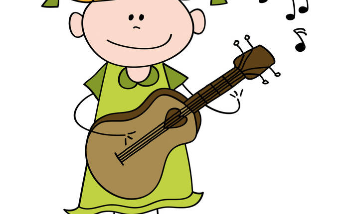 disegno colorato di bimba con codini che suona la chitarra