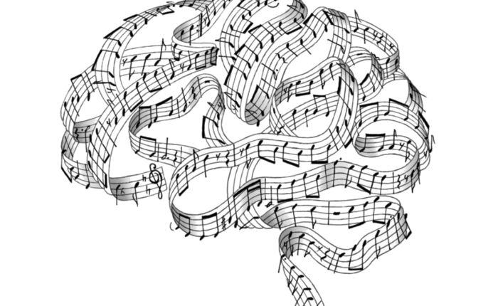 cervello disegno con rigo musicale e note