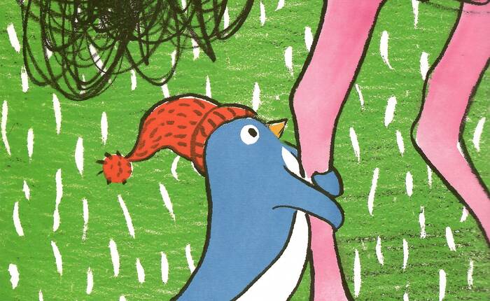 Disegno di un uccellino tra due enormi gambe di un tacchino