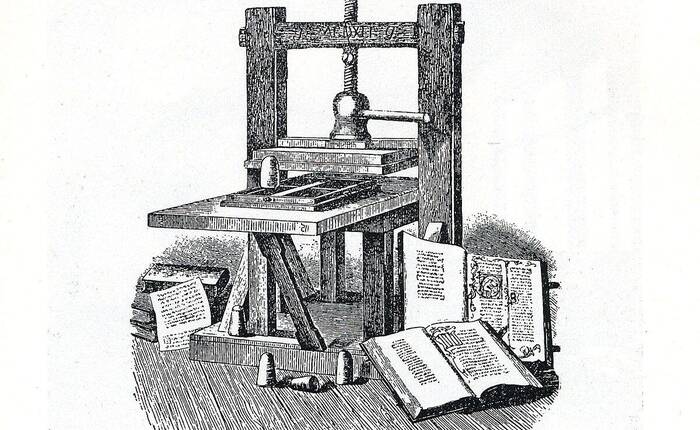 Disegno che riproduce un torchio per la stampa a mano