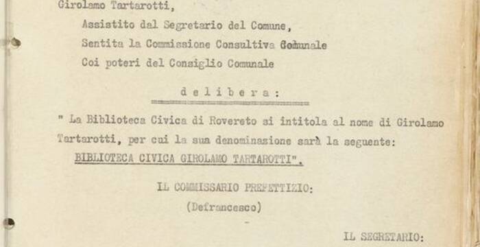 Intitolazione a Girolamo Tartarotti della Biblioteca civica (Archivio Storico Comunale di Rovereto)