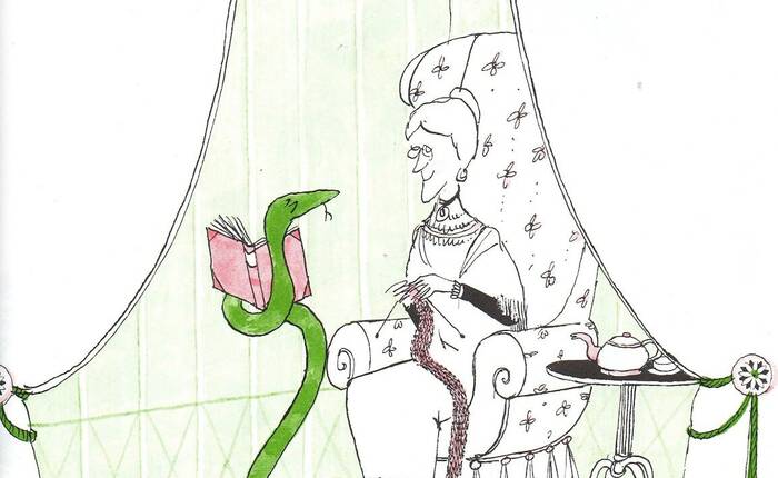 Illustrazione: signora che lavora a magli mentre un serpente verde le regge un libro. Dal libro "Crictor" di Tomi Ungerer