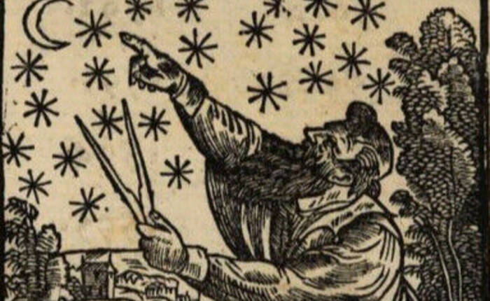 antica illustrazione di uomo che osserva le stelle e il cielo per prevedere il tempo