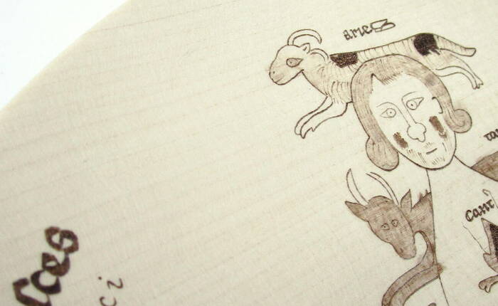 opera dell'artista: piatto con riproduzione de "arbor signorum" del codice 3 della Biblioteca