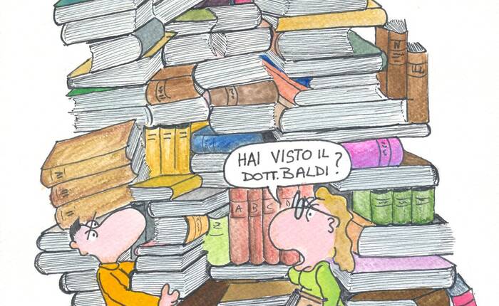 Vignetta di Pierpaolo Perazzolli, raffigurante una montagna di libri con davanti due bibliotecari che cercano il direttore dr. Baldi