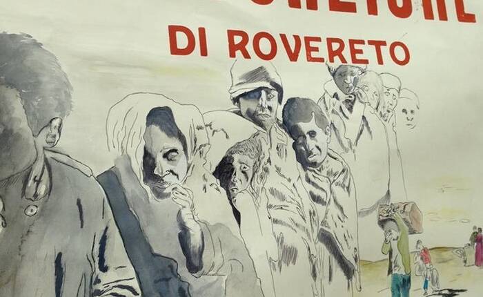 Ristampa a mano (a cura del Laboratorio Arte Grafica) del manifesto di evacuazione del 1915 con acquerello di Davidson Diego Agostini