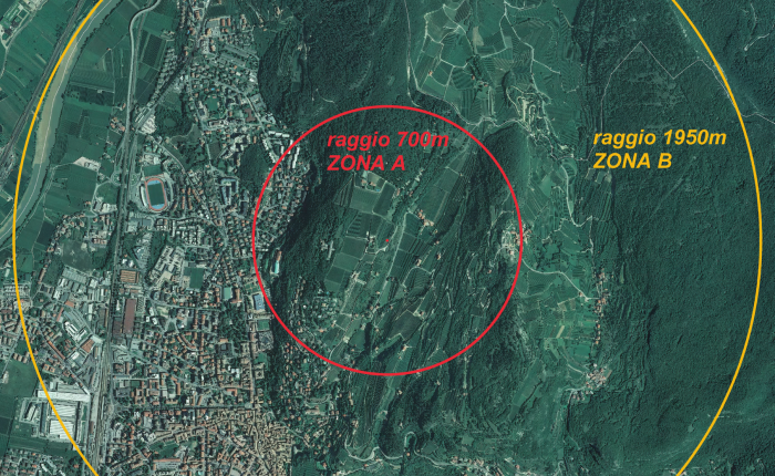 foto aerea dell'aree rossa e gialla della città, interessate dalle operazioni di disinnesco