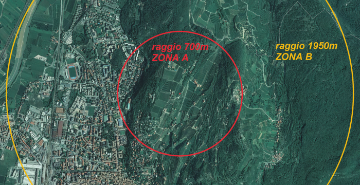 foto aerea dell'aree rossa e gialla della città, interessate dalle operazioni di disinnesco