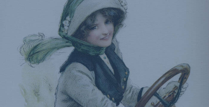 Stampa a colori con giovane donna al volante inizi Novecento